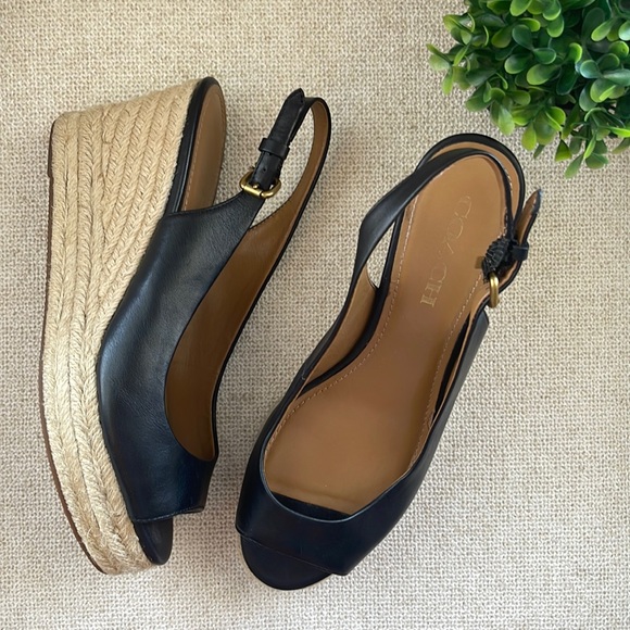 Coach espadrille 3.25” wedge black leather sling back sandals size 8.5 - Picture 1 of 8
